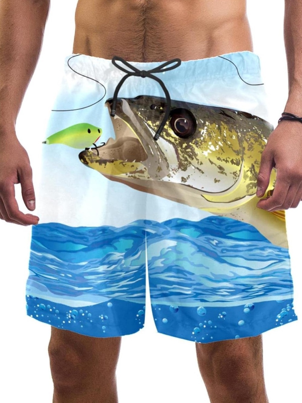 Graphic Fish Print Swim Trunks Drawstring Mesh Lined Blue XL